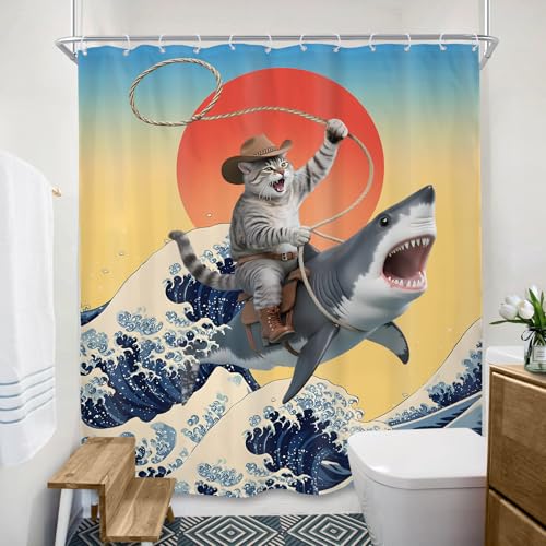Funny Cat Shower Curtain Set - Cute Cartoon Ocean Design, 60"x72" (Pack of 12)