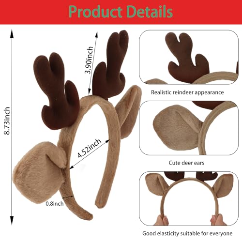 BAHABY Reindeer Antlers Headband 2 Pack Plush Faux Fur Deer Ears