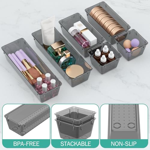 WOWBOX 6 Pack Black Clear Drawer Organizer Set - Stackable Storage Bins