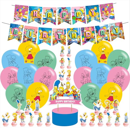 Simpsons Birthday Party Supplies Set - Banner, Cake Topper & Balloons