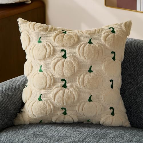 Beige Fall Pillow Covers 18x18 (Set of 2) - Plush Pumpkin Design