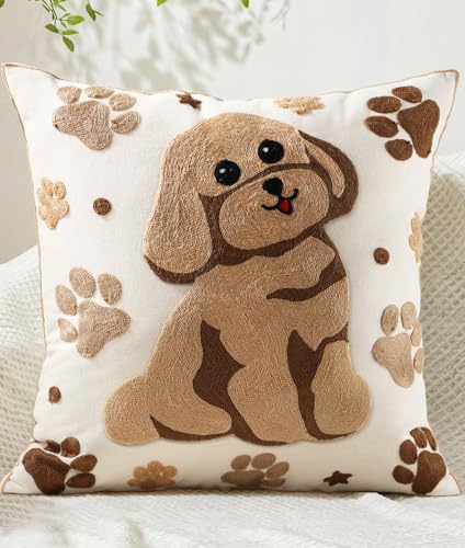 Cute Dog Embroidered Throw Pillow Cover 18x18 - Farmhouse Decor