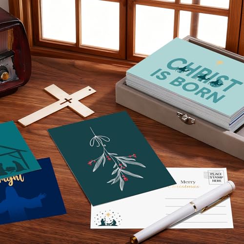 Religious Christmas Postcards 80 Pcs Nativity Holiday Christian Cards Blue Green
