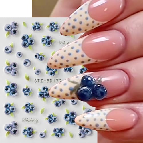 5D Flower Nail Art Stickers - Cherry & Blueberry Self-Adhesive Decals (2 Sheets)