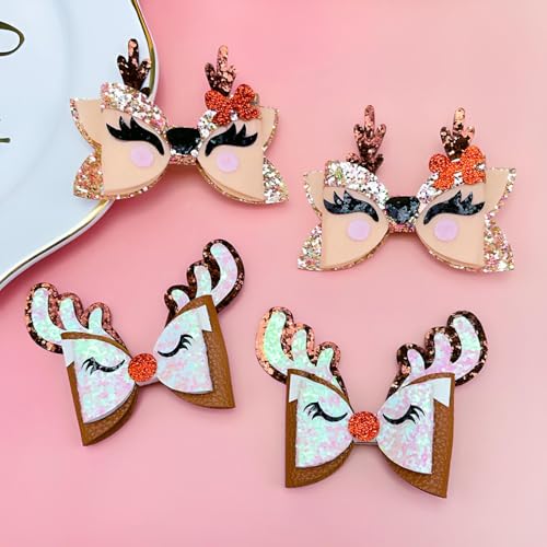 Christmas Reindeer Antler Bow Hair Clips Set of 4 Glitter Holiday Barrettes
