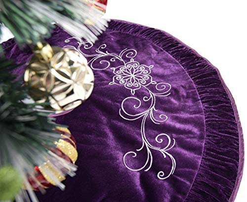 50 Inch Velvet Christmas Tree Skirt with Embroidered Flowers and Pleat Border - Purple