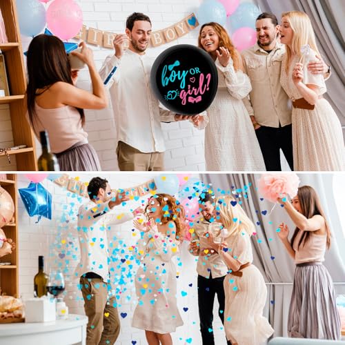 Black Bow Gender Reveal Balloons - 36 Inch Set with Confetti
