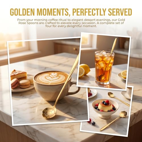 Gold Rose Iced Tea Spoons Set of 4 - Long Handle Stainless Steel