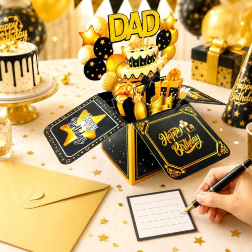 3D Pop Up Birthday Card for Dad - Black Gold Design with Envelope