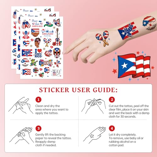 Puerto Rico Temporary Tattoos - 8 Sheets 200+ Flag Stickers