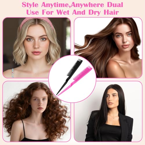 Macuezu 4-Piece 3-Row Curl Defining Comb and Teasing Brush Set