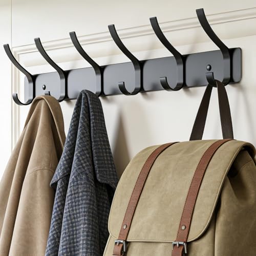 Heavy Duty Wall Mounted Coat Rack - 2-Pack with 12 Hooks, Black