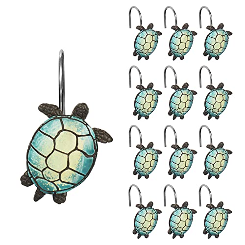 Turquoise Sunlit Tilt Sea Turtle Shower Curtain Hooks – Resin Bathroom Decor, Set of 12