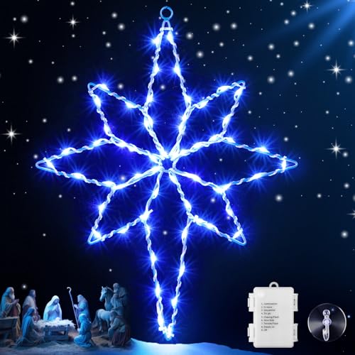 Blue Christmas Window Star Lights with Timer - Bethlehem Silhouette LED Decorations