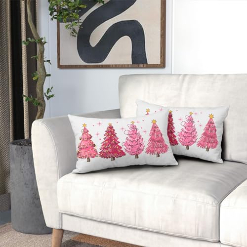Set of 2 Pink Christmas Tree Lumbar Throw Pillow Covers 12x20