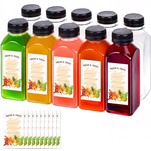 10 Pack 12oz Plastic Juice Bottles with Caps & Labels - Reusable Food-Grade PET