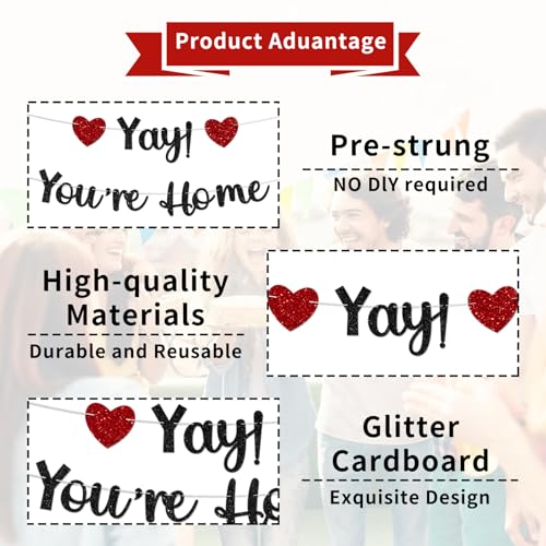 Black Glitter Welcome Home Banner - Yay! You're Home Decoration