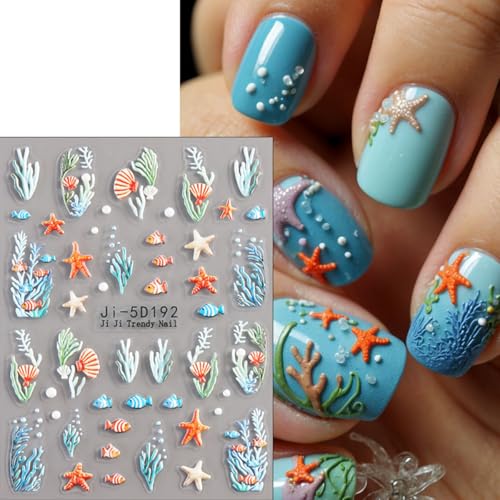 Ocean Nail Stickers 3 Sheets Summer Beach 5D Embossed Decals