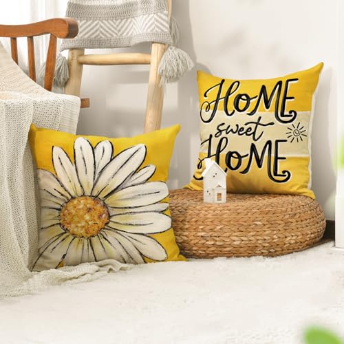 AVOIN Colorlife Home Sweet Home Daisy Throw Pillow Covers - Set of 4, 18x18 Inch