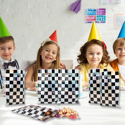 30pcs Iridescent Checkered Race Car Party Favor Bags with Handles