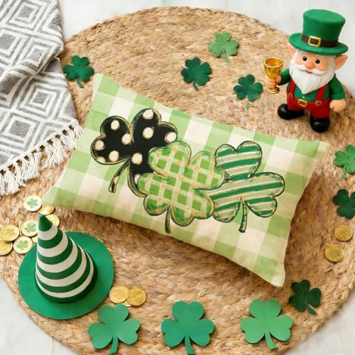 St. Patrick's Day Clover Buffalo Plaid Pillow Cover - 12x20 Waterproof