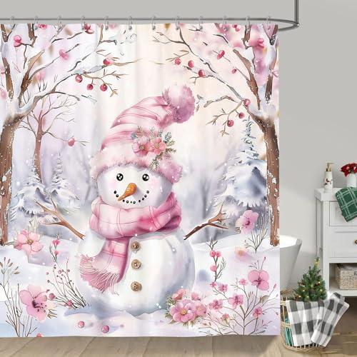 Pink Snowman Christmas Shower Curtain Set with Bath Mats and Toilet Cover