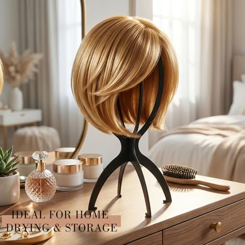 Portable Foldable Wig Stand with Dust Bag 13.8 Inch Black