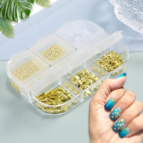 FSpronail Summer 3D Ocean Beach Nail Charms Gold Seashell Gems Set