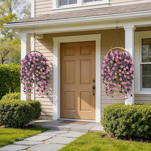 Doxcore 6PCS Artificial Hanging Flowers for Outdoors - Double Purple Silk