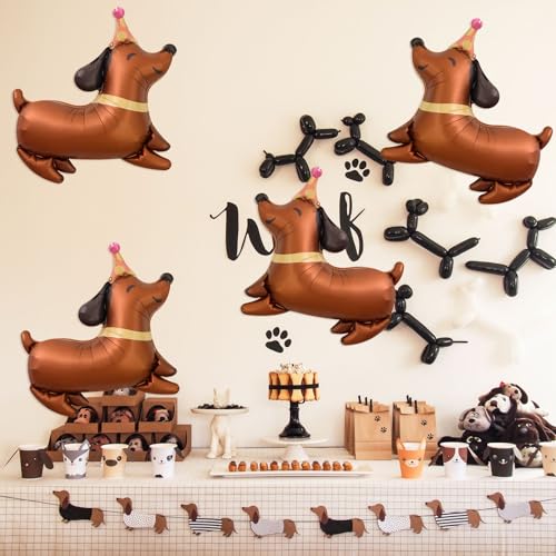 4 PCS Dachshund Dog Foil Balloons - Brown Puppy Birthday Decorations