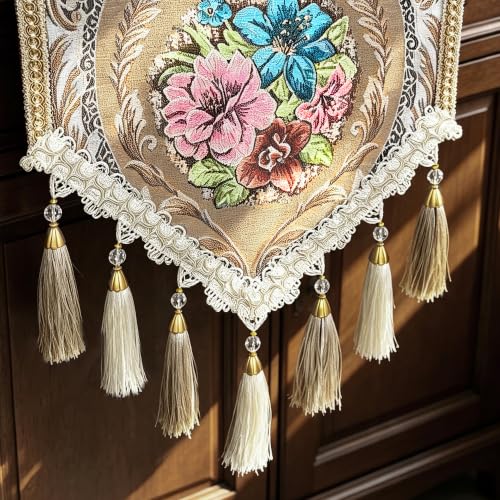 Champagne Floral Jacquard Thick Table Runner - 48 Inch Vintage Style