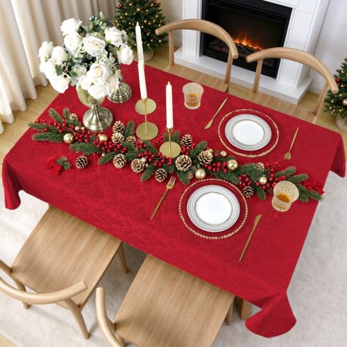 SASTYBALE Christmas Red Jacquard Damask Rectangle Tablecloth 60 x 102 Inches - Festive Holiday Dining Decor