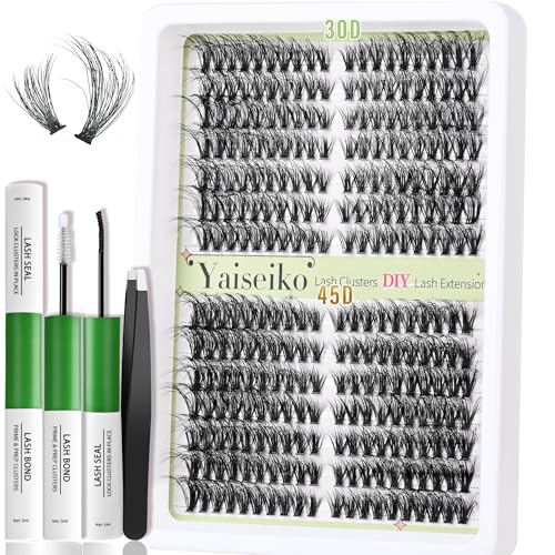 Yaiseiko DIY Lash Extension Kit - Natural 30+45D Individual Clusters, Bond, Seal & Tweezers (8-17mm)