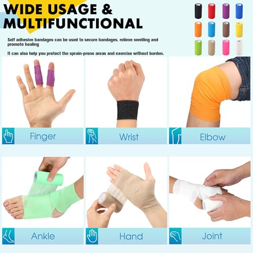 6 Pack Self Adhesive Bandage Wrap, 4 in x 5 Yards Non-Woven Self Adherent Cohesive Bandage, Vet Wrap Wound Tape for Thumb Finger Wrist Knee Ankle, White