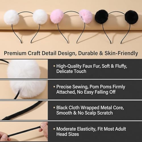 Ericotry 3 Pcs Cute Panda Ears Plush Headbands Soft Hair Hoops Assorted Colors