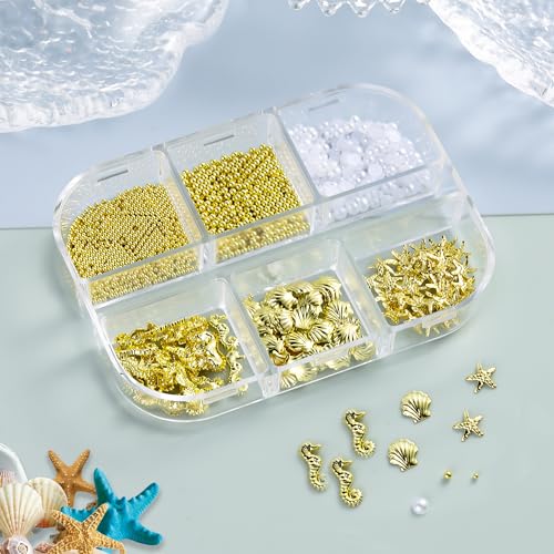 FSpronail Summer 3D Ocean Beach Nail Charms Gold Seashell Gems Set