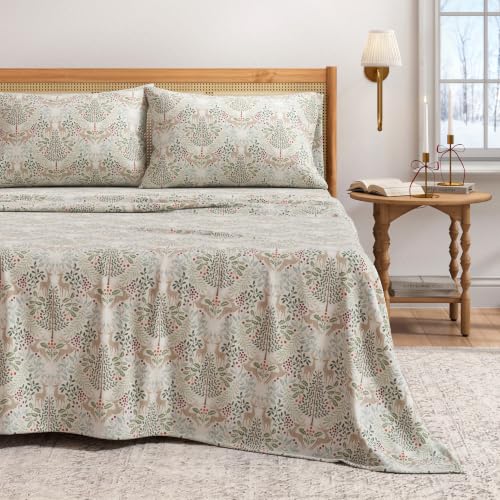 Twin Size Christmas Flannel Sheet Set - Woodland Deer Holiday Bedding - Ultra-Soft Turkish Cotton, Double-Brushed Winter Bed Sheets