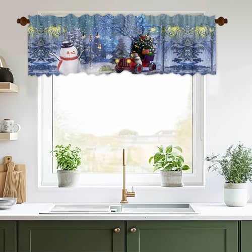 Blue 54x18 Inch 2 Panel Window Valance – Rustic Xmas Snowflake Pine Tree Snowman