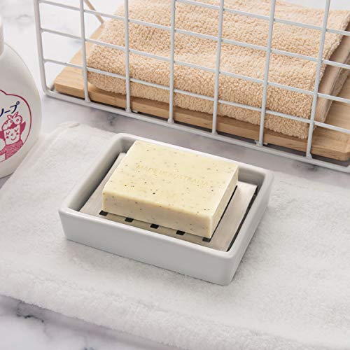 TOPSKY White Ceramic Soap Dish Holder with Stainless Steel Tray