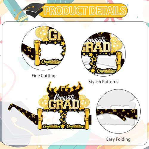 16PCS Graduation Glasses for Class of 2026 - Black & Gold Photo Props