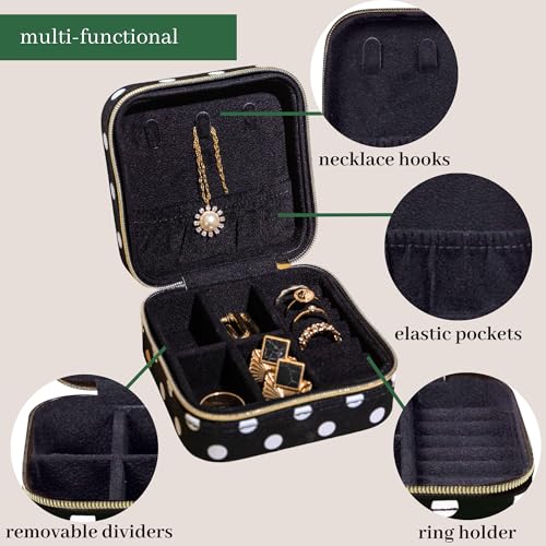 kate spade new york Small Travel Jewelry Case, Black Dotted Jewelry Box to Organize Rings, Necklaces, Earrings, Polka Dot