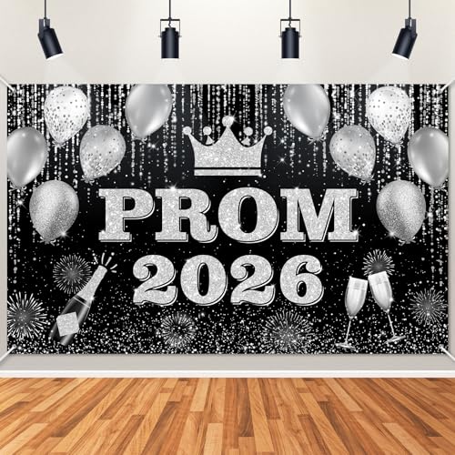 Prom 2026 Backdrop Banner - Black & Gold Graduation Party Decor 6x3.6ft