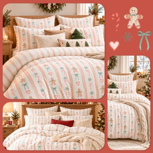 Christmas Duvet Cover Set Queen with Gingerbread Bows and Candy Cane Pattern - No Comforter