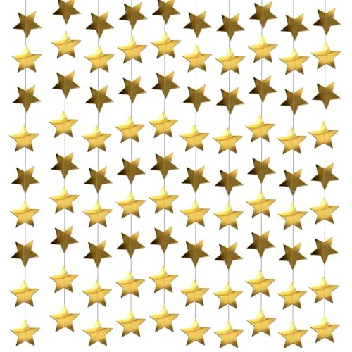 Gold Star Garland 105 Feet with 8 Glitter Paper String Decorations for Christmas, Wedding, Party