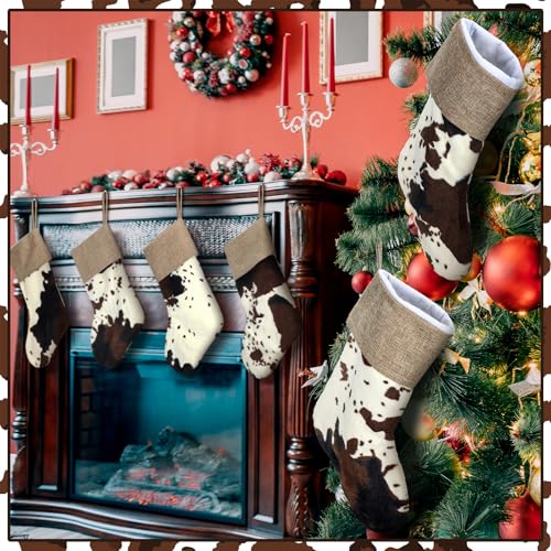 6 Pcs Large Cow Print Christmas Stockings Holiday Decor Bulk