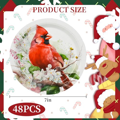 48Pcs Christmas Red Cardinal Disposable Paper Plates 7 Inch - Variation of 48 / Red Cardinal