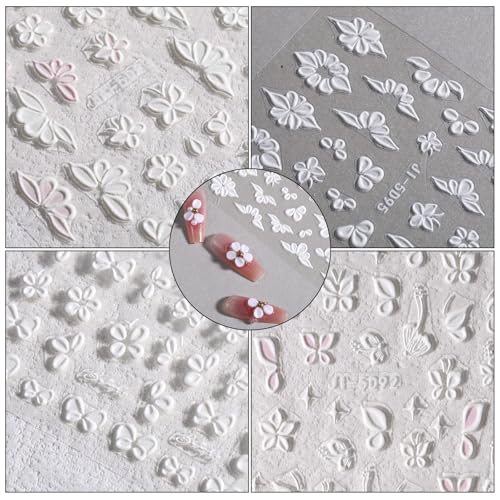 5D Embossed Flower Nail Art Stickers - White Floral Butterfly Decals