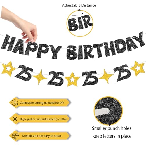 Happy 25th Birthday Banner - Pre-Strung Black & Gold Decorations