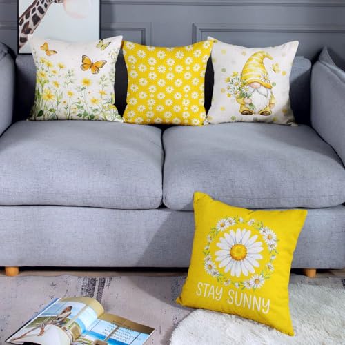 Cosovia Daisy Gnome Throw Pillow Covers 18x18, Set of 4, Soft Plush