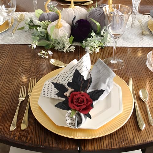 Gothic Napkin Rings Set of 2 with Black Leaves & Red Rose